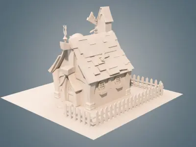 house with pumpkins and windmill 3D model