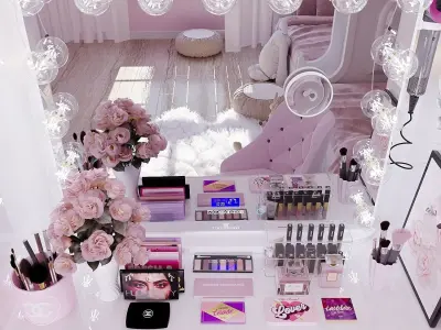 Hollywood Makeup Mirror with Lights Bedroom with Neon Sign 3D model