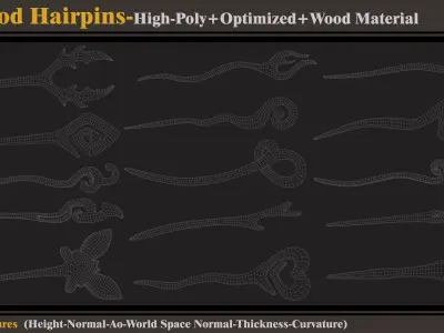 15 Wood Hairpins-High Poly-Optimized- FBX-OBJ- Wood Material  3D model
