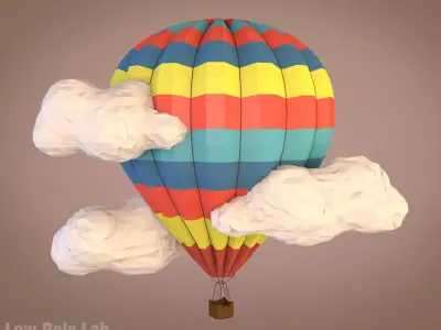 Low poly balloon hot air with clouds in sky 3D model