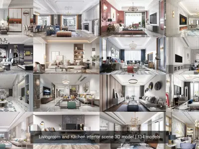 Livingroom and Kitchen interior scene 3D model 3D Model Collection