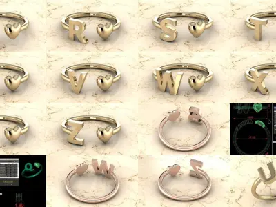 Alphabet Jewelry with Heart Rings COLLECTION 3D Model Pack