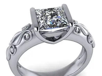 Vintage Princess Cut Solitaire  Hand Engrave Style Scroll  Ring  3D print model