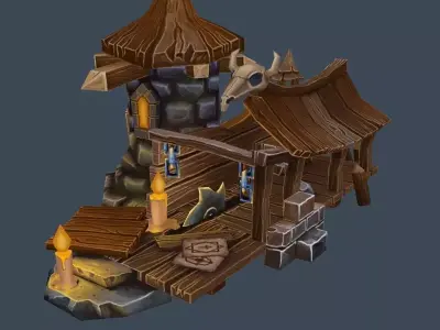 Cartoon Old Wood and Stone Workshop Sawmill Low-poly 3D model