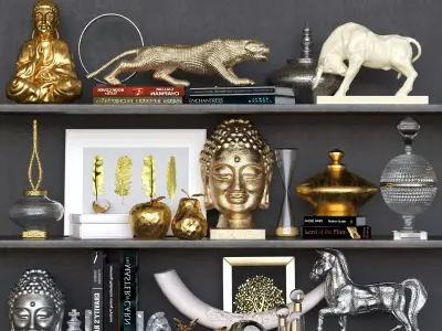 Set-136 shelf with gold and silver statues 3D model