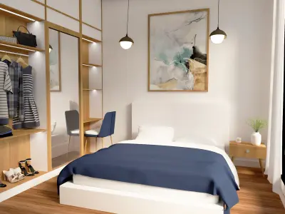 Modern Minimalist Small Bedroom Low-Poly 3D Interior Model Low-poly 3D model