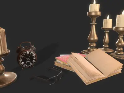 Old Desk Decorative Set Low-poly 3D model