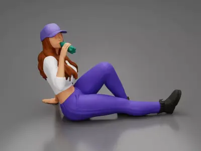 Tired woman mechanic in cap sitting and drinking water 3D print model