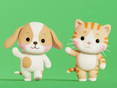 Dog and Orange Cat Cartoon Rigged Animated Characters Pack Low-poly 3D model