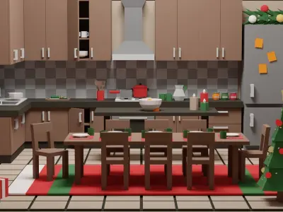 Low Poly Modular Simple Christmas Interior Pack Kitchen Low-poly 3D model