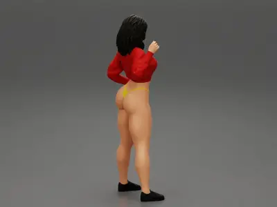young woman wearing long sleeve crop shirt and mini short 3D print model