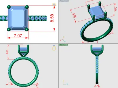 Emerald shape wedding ring with pave setting on shank 3D print model