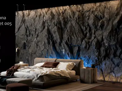 Black Rock Bedroom interior scene Rock Wall Set 005 3D model
