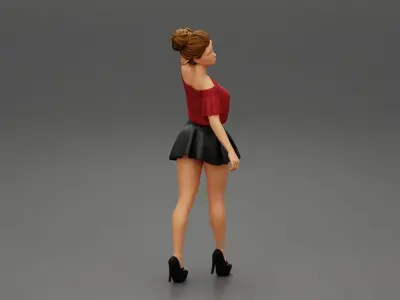 Girl walking wrearing a mini leather skirt and shirt 3D print model