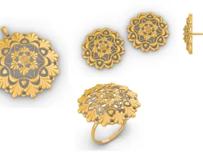 Flower Mandala Pendant Set With Ring 3D print model