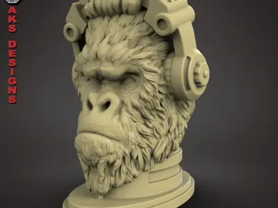 Gorilla with Headphone 1 Penstand cum flowerpot art 3D print model