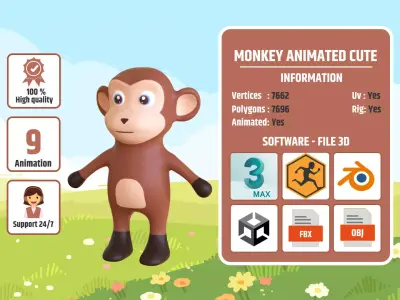High-Quality 3D Cute Monkey - Animated for Games  Low-poly 3D model