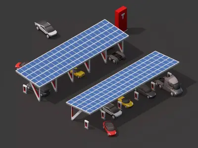 Cartoon Low Poly Tesla Electric Charger Station Cars Pack Low-poly 3D model