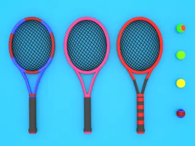 Tennis Racket and Balls Low-poly 3D model