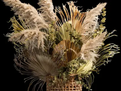 Bouquets of dried flowers with palm leaves in a basket 3D model