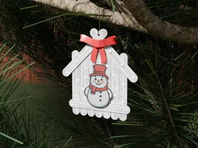 Craft Stick House Snowman Christmas Ornament Low-poly 3D model