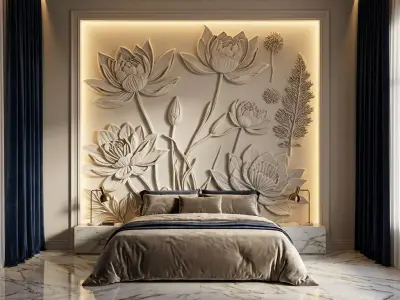 Lotus flowers wall art set relief STL panel carving CNC 261 3D model
