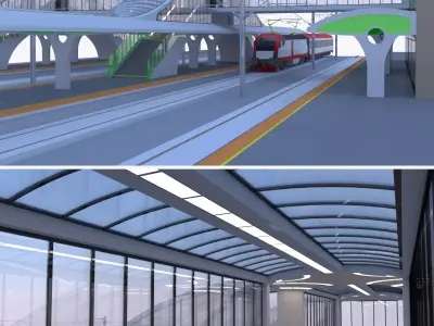 Railway station with train 3D model