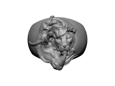 jewelery ring lion rhinoceros elephant - Wild Safari 3D print model