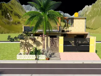 Villa house with palm trees and mountains 3D model