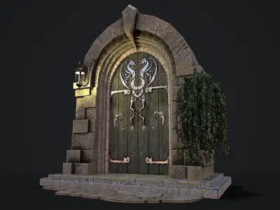 Medieval Door game ready modular 3d model Low-poly 3D model