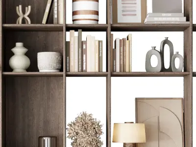 Wooden Shelves Decorative With Plants and Book - Wooden Rack 22 3D model