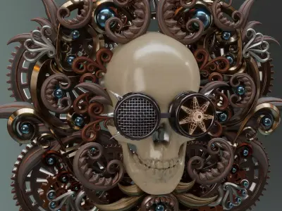 Steampunk Skull with goggles gears and ornaments 3D model