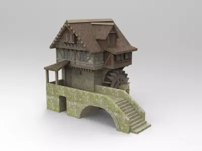 medieval house with a water mill Low-poly 3D model