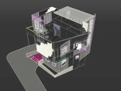 residential modern house with birds flying in sky 3D model