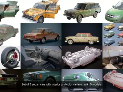 Set of 5 sedan cars with interior and color variants az9 3D Model Pack V1