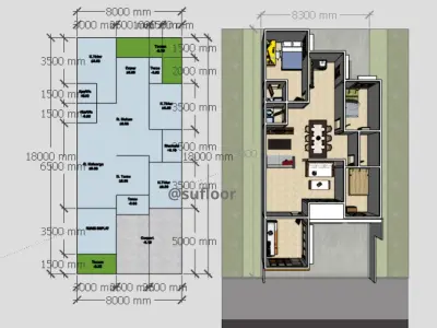House 8x18m code 407 - Sketchup 3D model
