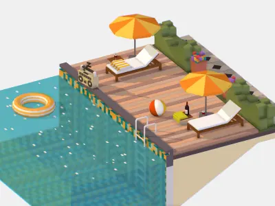 Relax pool on the sun loungers Low-poly 3D model