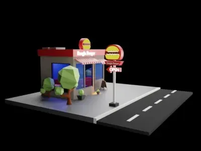 Low Poly Coffee shop highly Detailed blender model  Low-poly 3D model