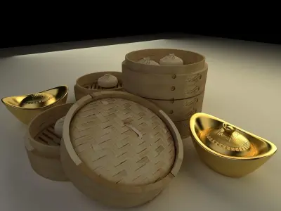 bamboo steamer and Yuanbao 3D model