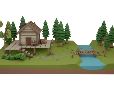 Low poly House in forest Free low-poly 3D model