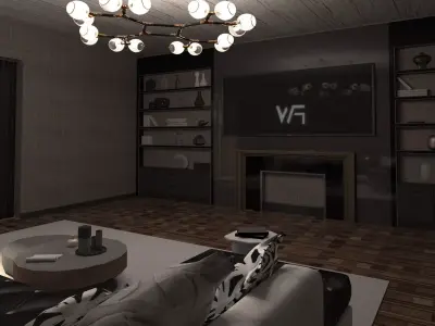 interior living room with fireplace and bookshelves 3D model