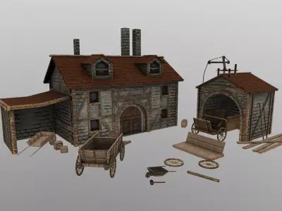 Medieval Cart Workshop  Low-poly 3D model