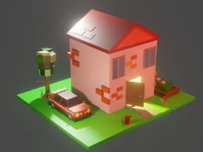 Simple but powerful low poly cube house with car Low-poly 3D model
