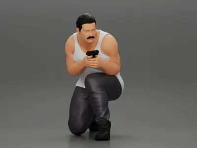 Gangster in pants sitting and holding a gun hides behind the car 3D print model