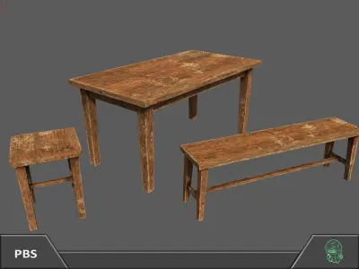 Wooden Bench Table Furniture Pack Free low-poly 3D model