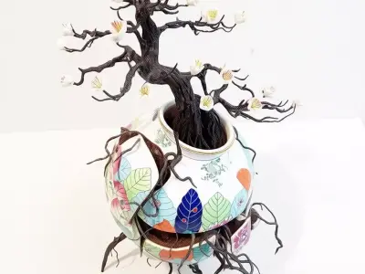 Cracked Porcelain Vase Blossoming Tree Surreal Art Sculpture Low-poly 3D model