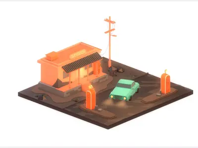 Gas Station Night Low Poly Low-poly 3D model