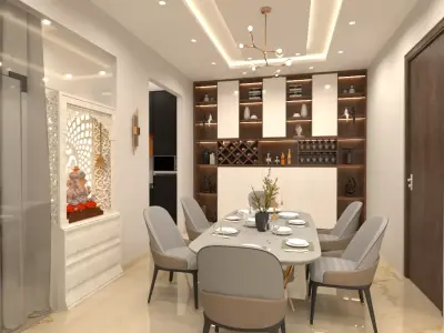 Modern Dining Area With Mandir Unit  Photorealistic CG Render 3D model