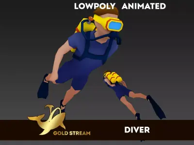 Diver animated Low-poly 3D model