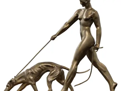 Bronze Human Walking Dog Sculpture Low-poly 3D model